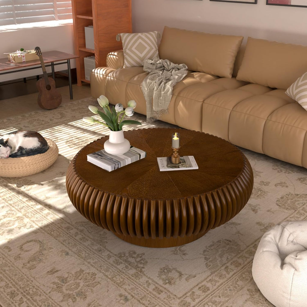 Round Drum Coffee Table for Living Room, Mid Century Modern Coffee Table with Sturdy Pedestal, Farmhouse Fluted Circle Center Table Accent Tea Table for Apartment (31.5' Walnut)