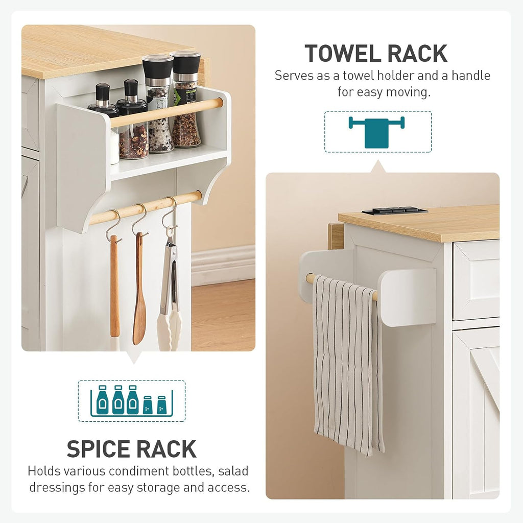 RALGEND Kitchen Island with Drop Leaf & Power Outlet, Rolling Kitchen Island Cart On Wheels, Barn Door Kitchen Island Table with Storage and Tower Rack, Island Table for Kitchen, White and Natural