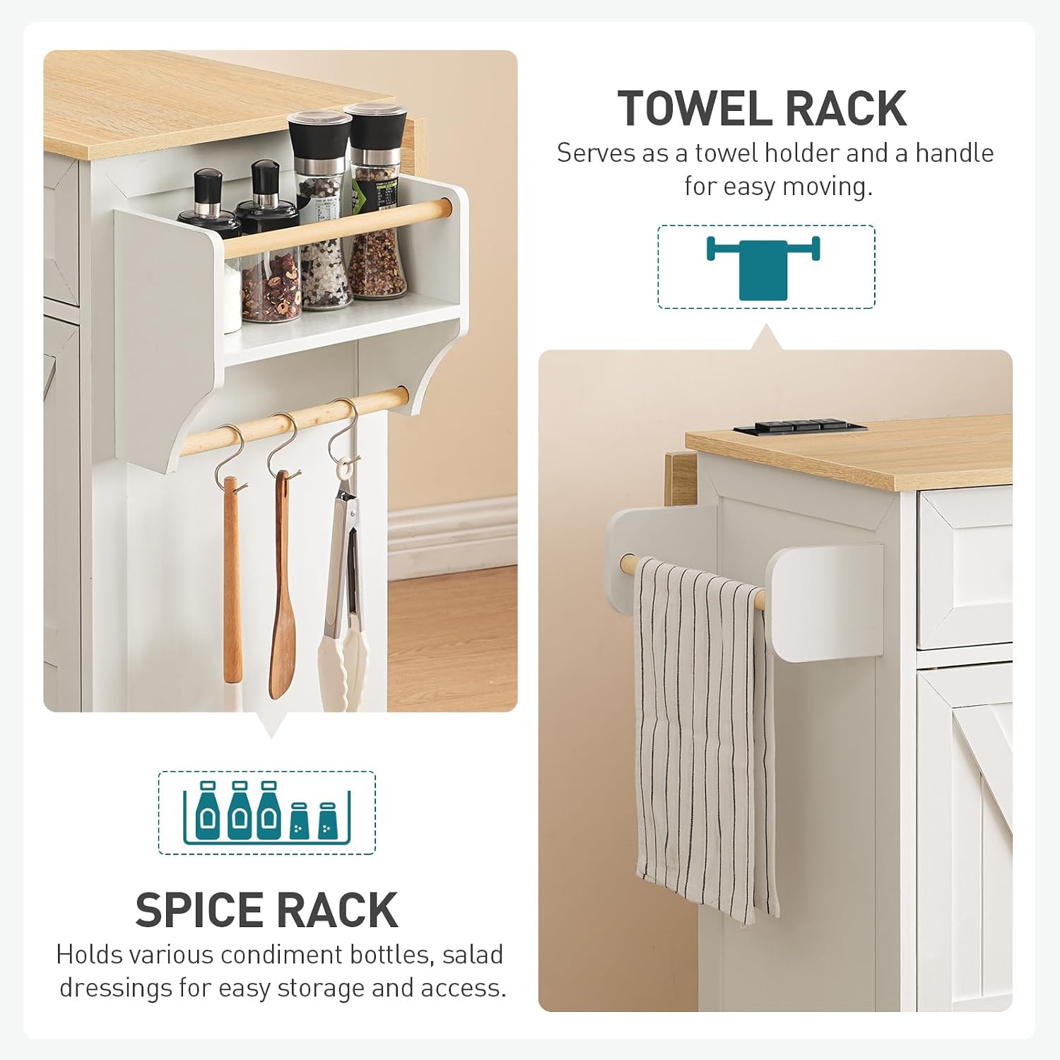 RALGEND Kitchen Island with Drop Leaf & Power Outlet, Rolling Kitchen Island Cart On Wheels, Barn Door Kitchen Island Table with Storage and Tower Rack, Island Table for Kitchen, White and Natural