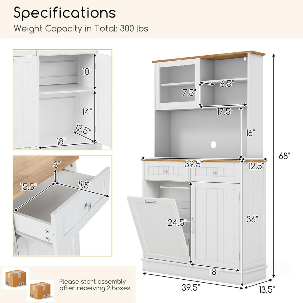 Giantex 68' Tall Kitchen Pantry, Buffet Hutch w/Tilt Out Trash Can Storage Cabinet, 2 Drawer, Shelves, Rubber Wood Microwave Countertop, Wood Sideboard Cupboard for Home Coffee Bar (White & Natural)