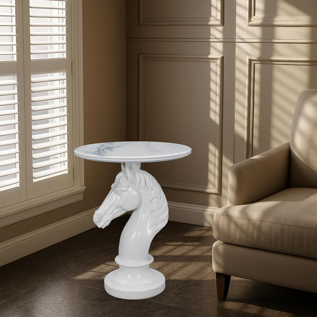 Sculptural Horse Head Side Table, Artistic Stallion End Table with Faux Marble Top, Modern Accent Table for Living Room, Unique Home Decor Gift for Housewarming, 19.69' W x 24.8' H