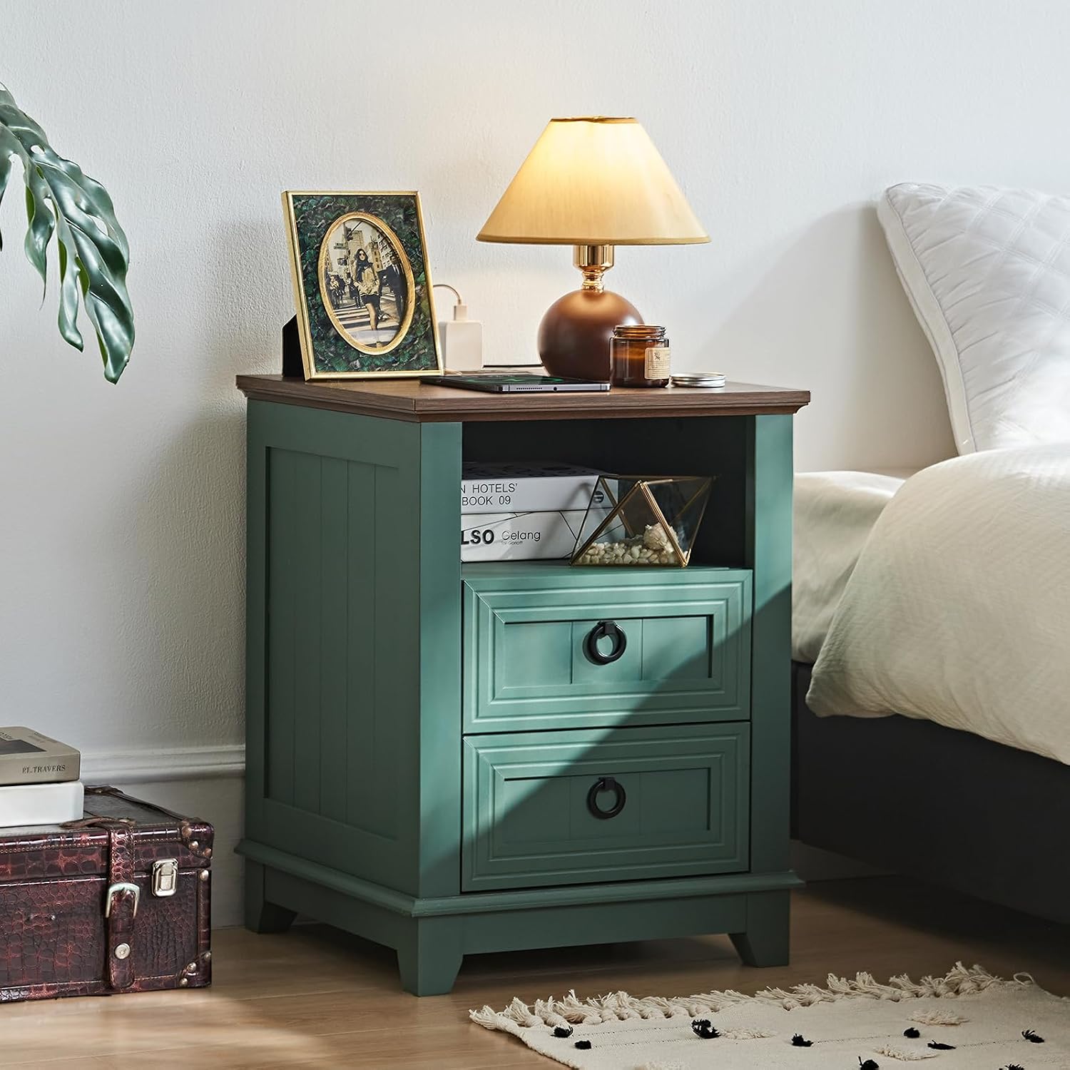 Joaxswe 18' Farmhouse Night Stands Set of 2 with Charging Station, 2 Drawers Bedside End Table, Green Wooden Nightstand, Bed Side Table Cabinet with Open Shelf for Bedroom Living Room Office