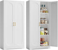 Metal Storage Cabinet with 3 Adjustable Shelves, 60' Tall Kitchen Storage Cabinet with Gold Handles, White Pantry Cabinets for Kitchen, Living Room, Hallway - Assembly Required