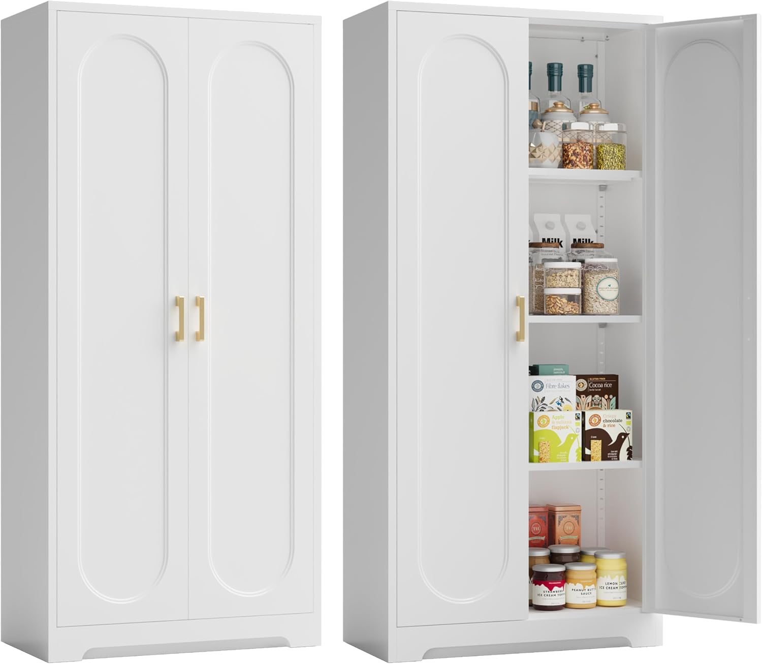 Metal Storage Cabinet with 3 Adjustable Shelves, 60' Tall Kitchen Storage Cabinet with Gold Handles, White Pantry Cabinets for Kitchen, Living Room, Hallway - Assembly Required