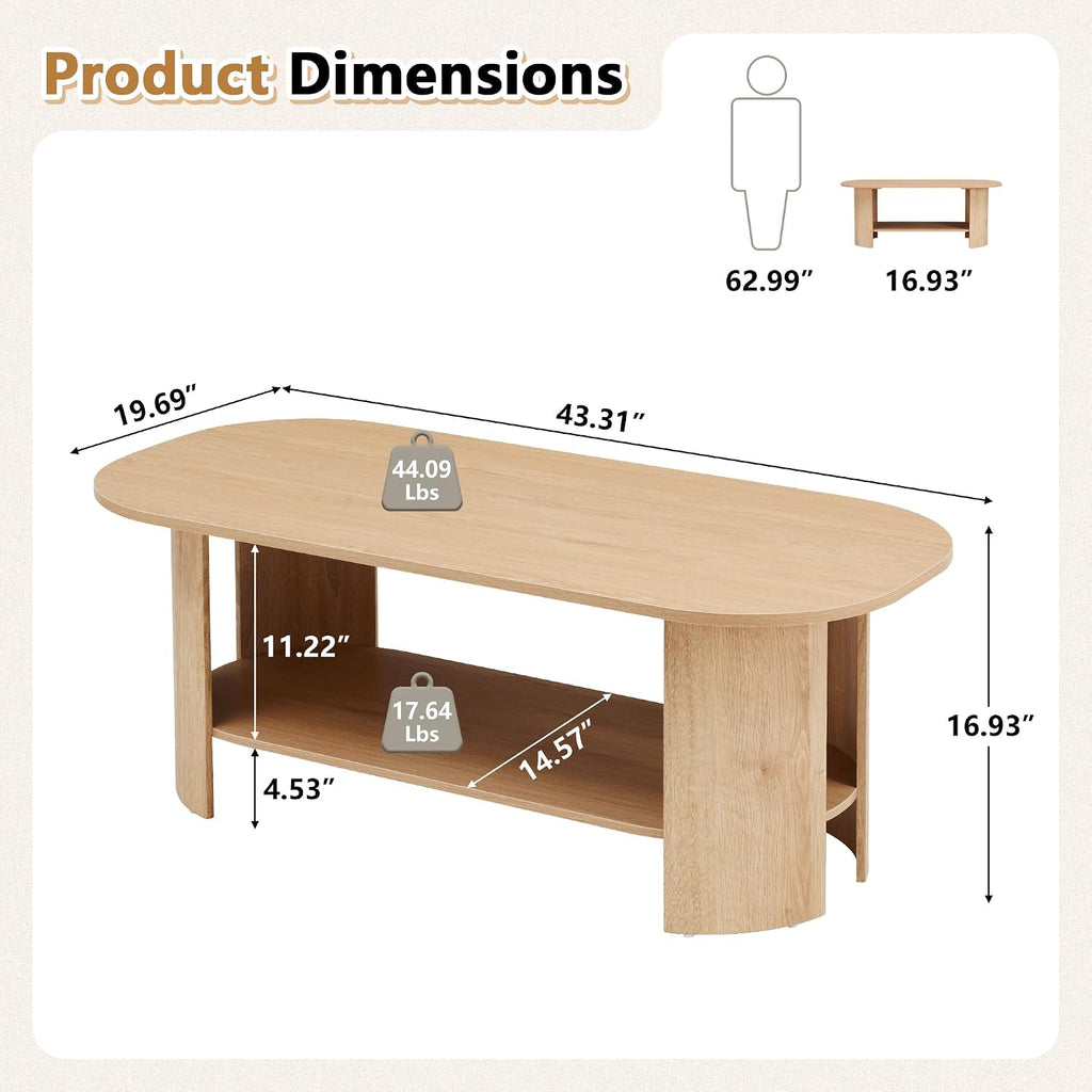 Oval Coffee Table for Living Room, 43.3' Farmhouse Coffee Tables with Storage, 2-Tier Wood Center Table with Storage Shelf Low Tea Table for Small Space, Home, Office, Easy Assembly (Natural)