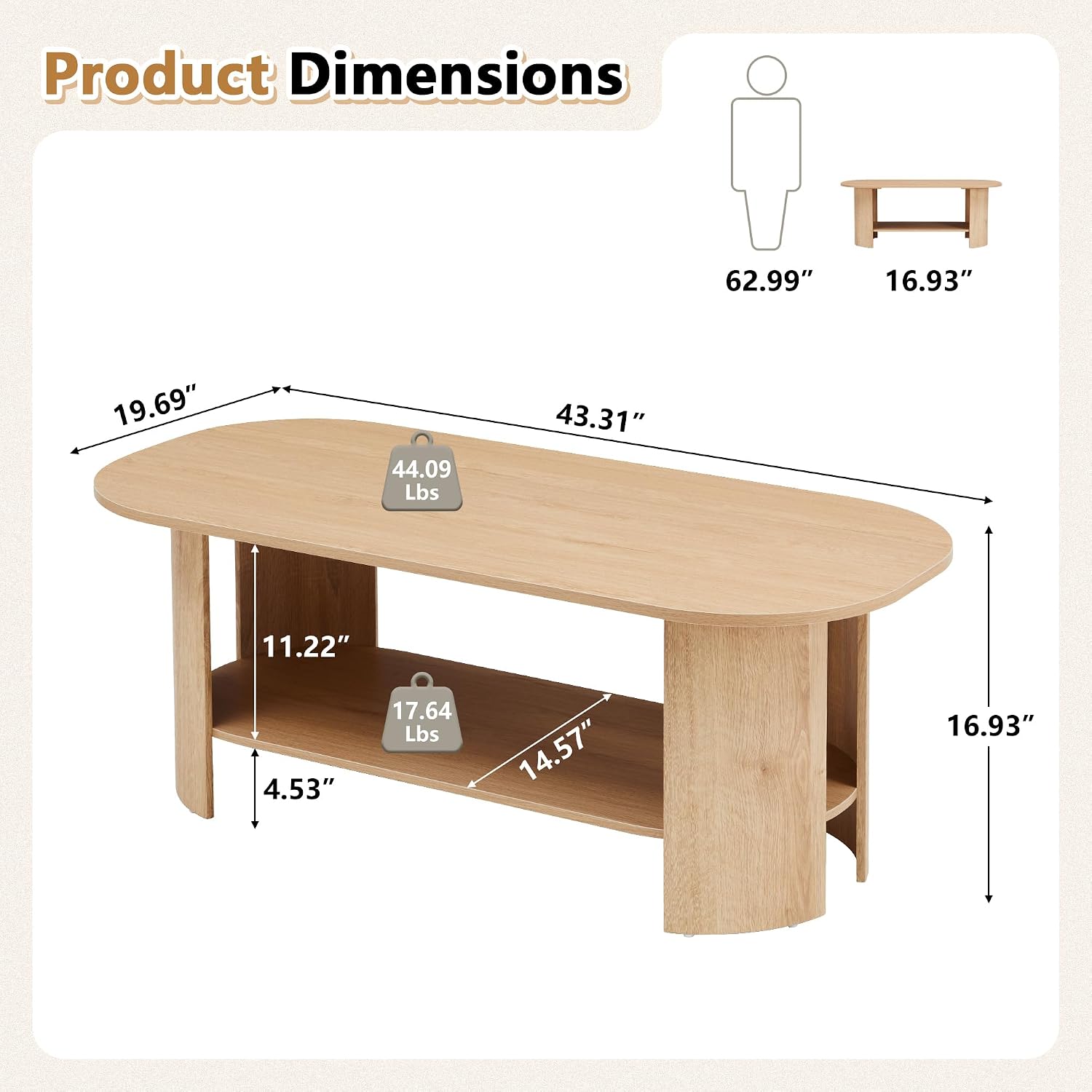 Oval Coffee Table for Living Room, 43.3' Farmhouse Coffee Tables with Storage, 2-Tier Wood Center Table with Storage Shelf Low Tea Table for Small Space, Home, Office, Easy Assembly (Natural)