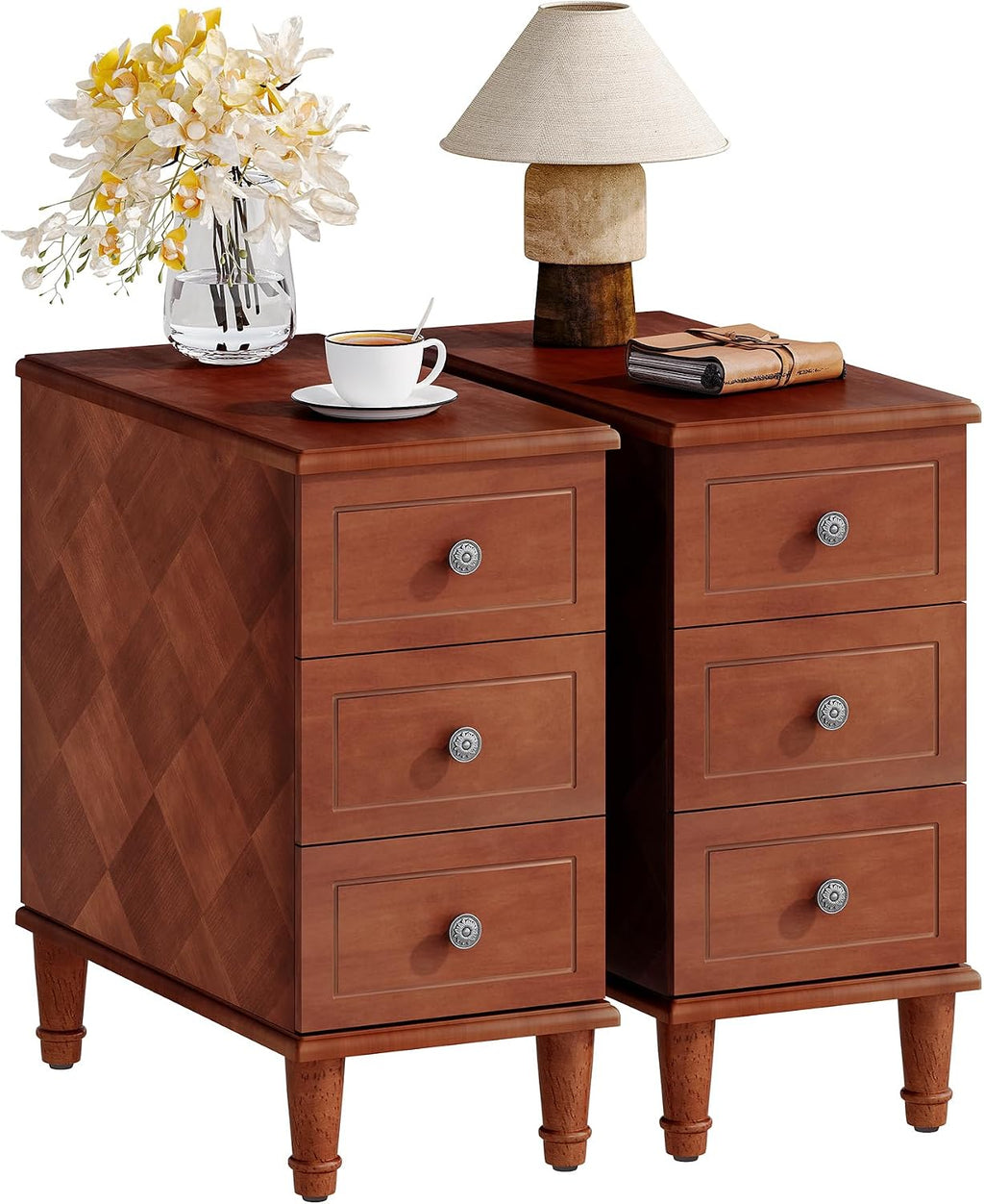 LITTLE TREE Fully Assembled End Table, Set of 2 Narrow Side Table with 3 Drawers, Pre-Assembled Nightstand Slim Bedside Table for Small Spaces, Living Room, Bedroom, Brown