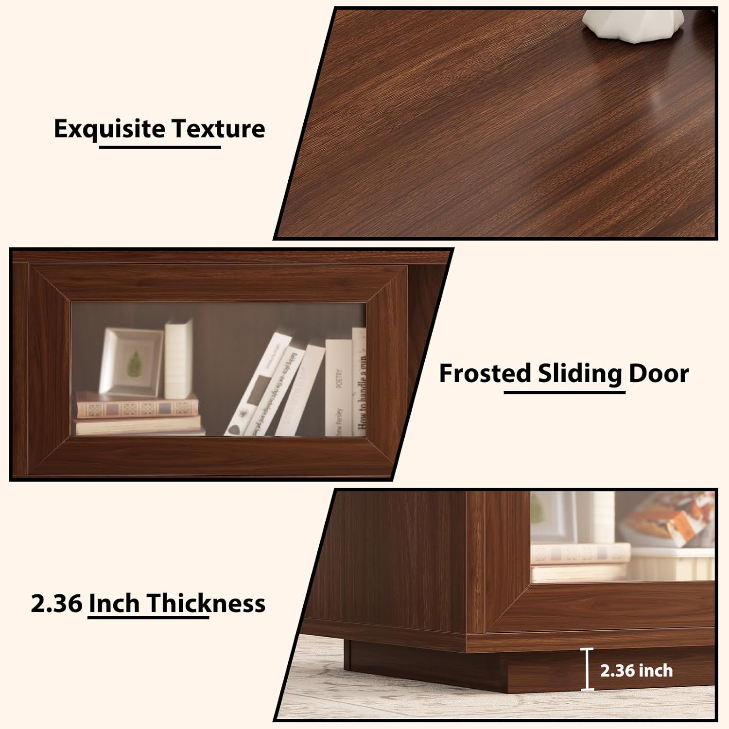 HSH Walnut Coffee Table for Living Room, 47 Inch Modern Wood Rectangle Coffee Tables with Sliding Door and Storage Open Shelf, Large Low Center Table for Home Decor