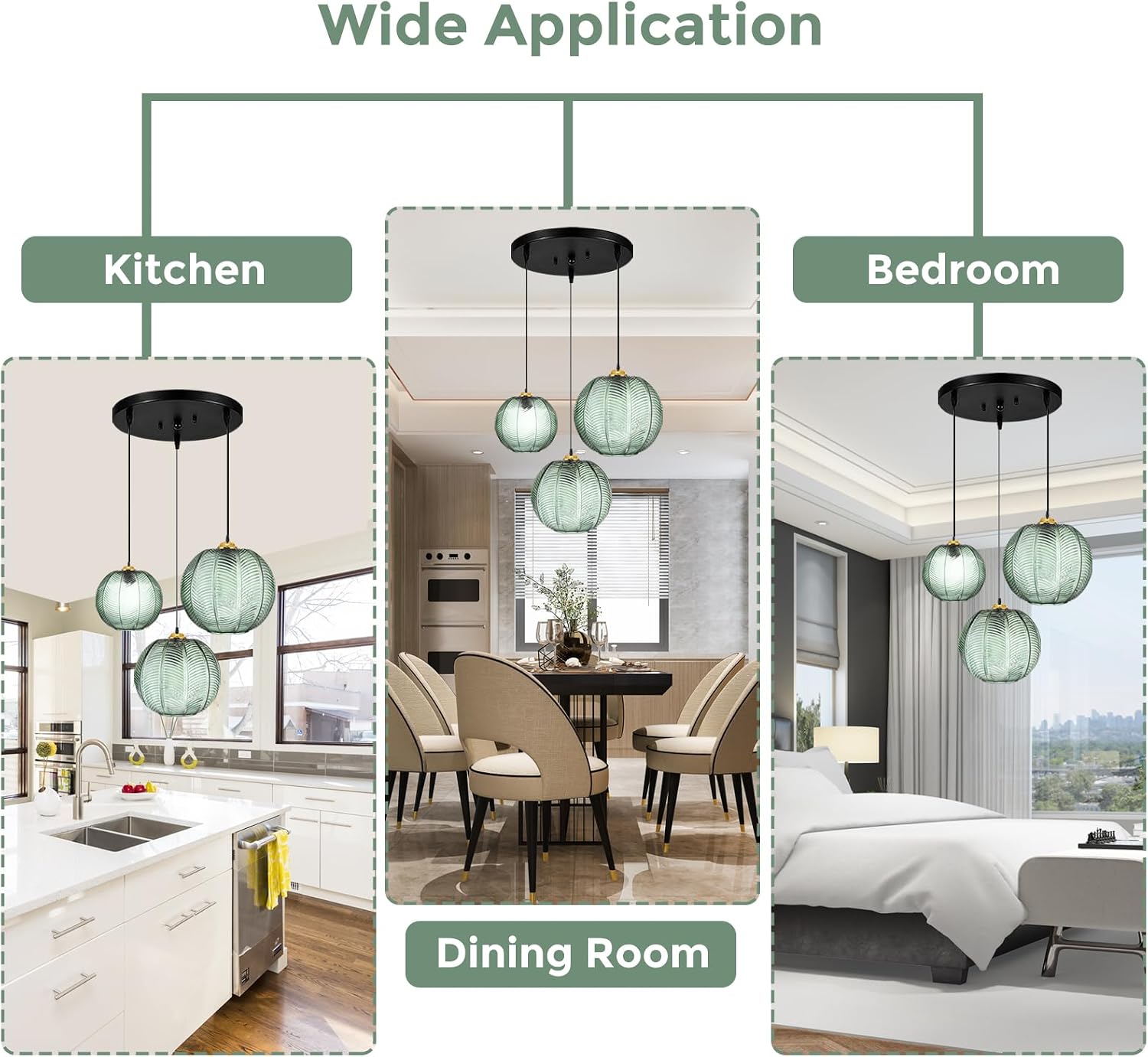 GWY Green Pendant Light, 3 in 1 Large Glass Pendant Light Fixtures E26 E27 Mid Century Modern Chandelier Ribbed Blown Glass Globe Shade Hanging Light Ceiling Light for Living Room Restaurant Bar