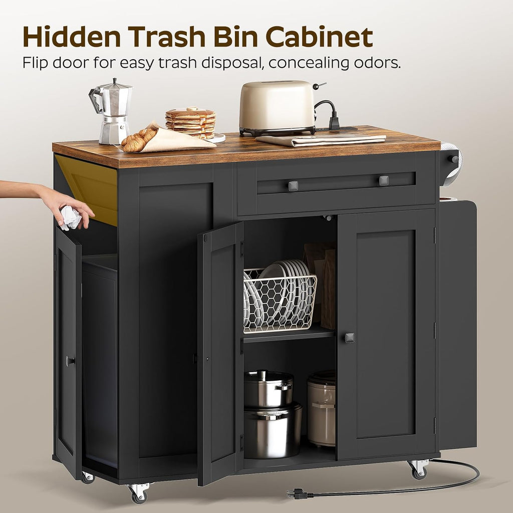YATINEY Kitchen Island with Storage, Mobile Rolling Cart with Trash Can Storage, Kitchen Island on Wheels, Rolling Island Table with Charging Station, Spice Rack, for Kitchen, Rustic Brown ZD02UBR