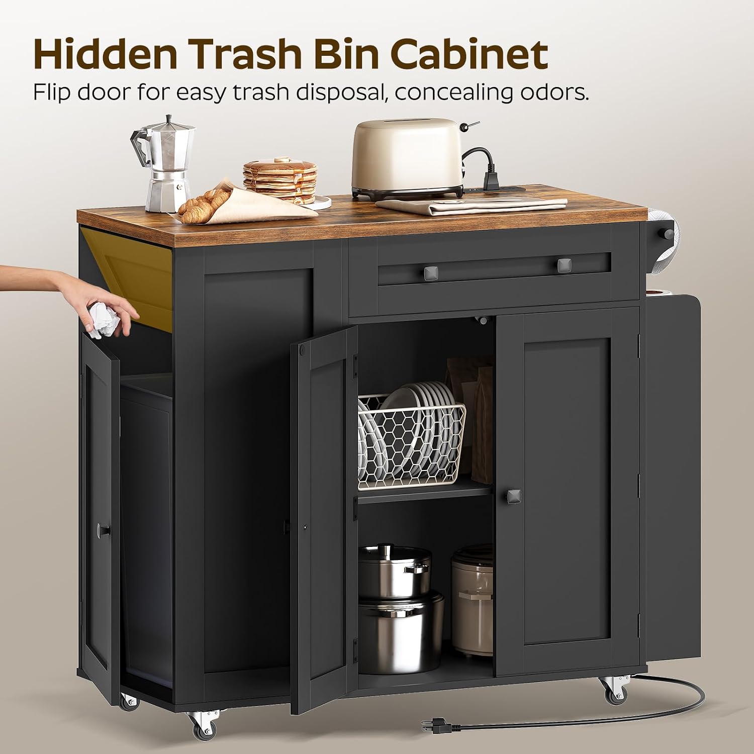 YATINEY Kitchen Island with Storage, Mobile Rolling Cart with Trash Can Storage, Kitchen Island on Wheels, Rolling Island Table with Charging Station, Spice Rack, for Kitchen, Rustic Brown ZD02UBR