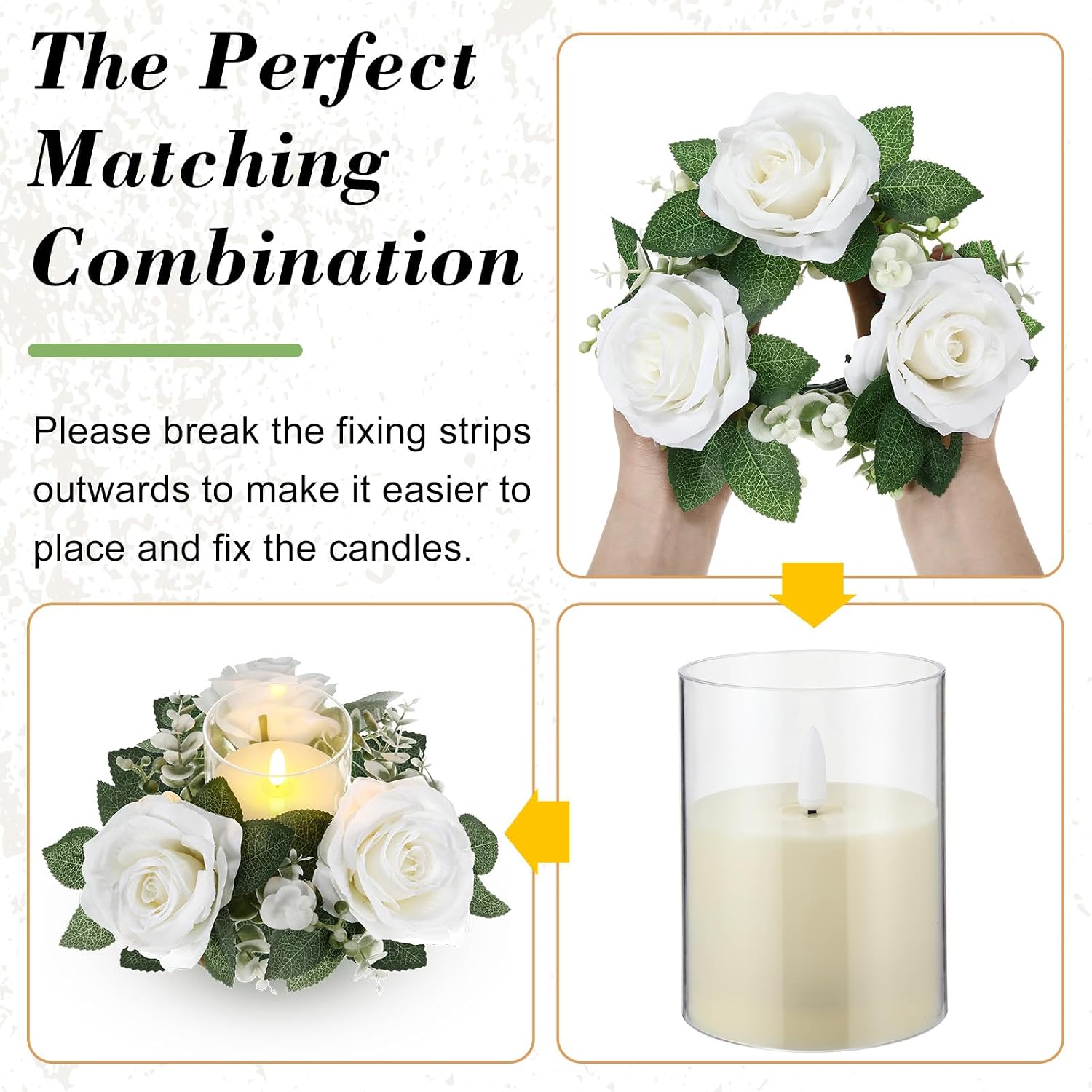 Yunlly 32 Pcs Rose Candle Rings with Flameless Candles Sets, Artificial Flower Eucalyptus Wedding Centerpiece 3 Inch Pillar Candleholders Wreaths for Wedding Party Mother's Day (White)