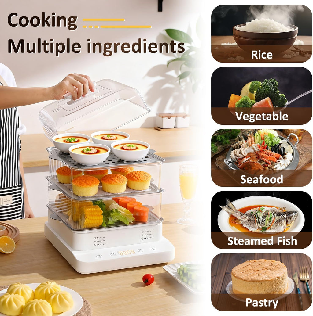 22L/23QT Electric Food Steamer, 3 Layers Food Steamer, 800W Commercial Stainless Steel Steamer, Large Capacity Breakfast Machine with Timer, for Home, Restaurant, Party