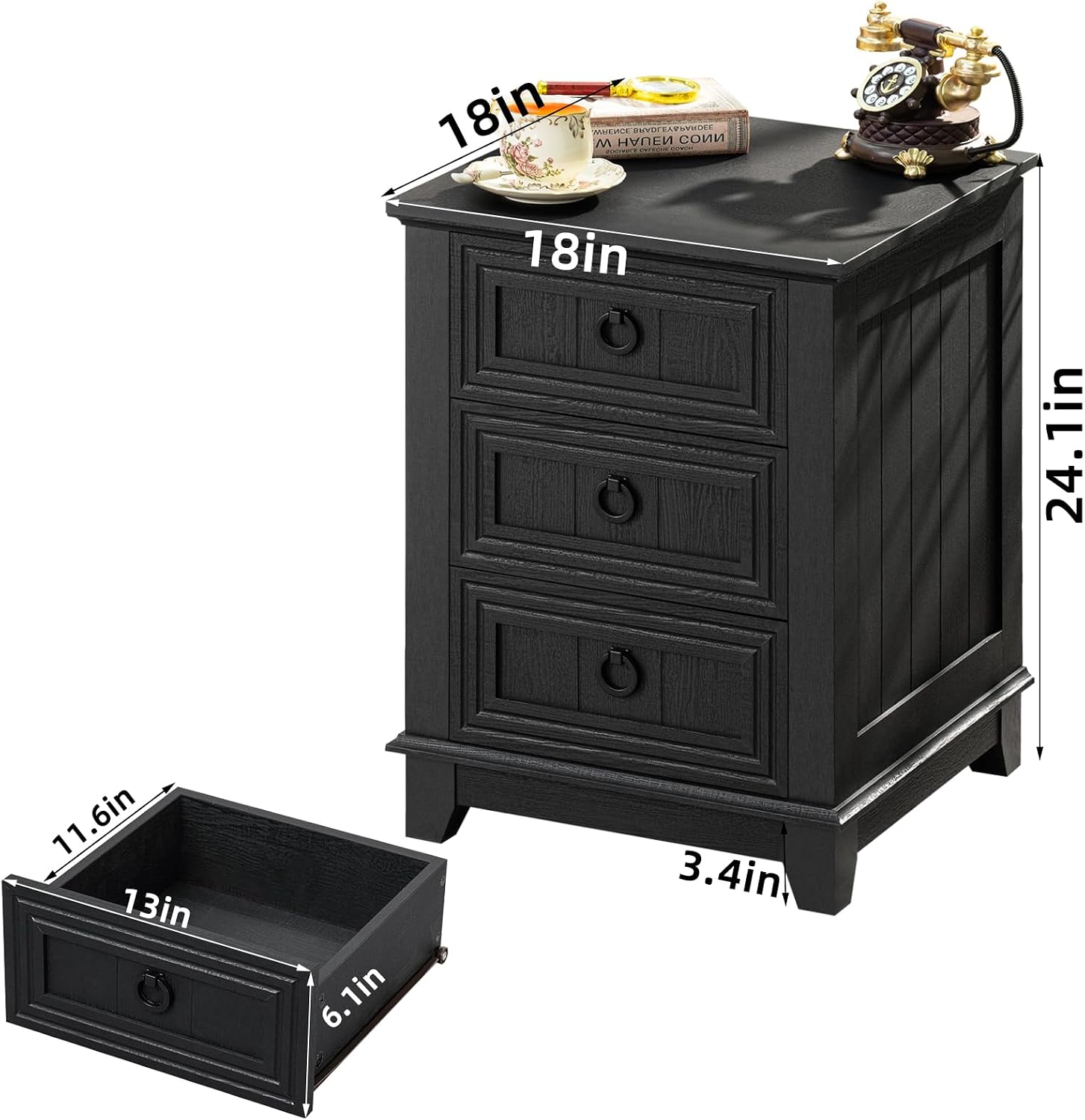 Joaxswe 18' Farmhouse Night Stand with 3 Drawers, Wood End Table Dresser for Bedroom, Black Nightstand, Bed Side Table with Metal Handle, Bedside Cabinet for Bedroom Living Room, Closet