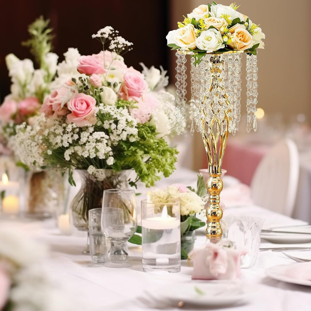 10 Pcs 21.7 Inch Gold Crystal Flower Stand Wedding Centerpieces for Table, Tall Metal Flower Arrangement Stand with Metal Chandelier Tabletop for Event, Birthday, Home Decor