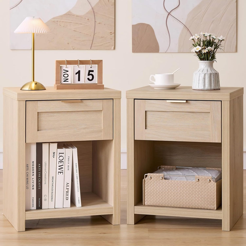 Walsham Natural Nightstand Set of 2 Boho Bedside Tables with Drawer and Storage Shelf Farmhouse Side End Tables for Bedroom Sofa, (Light Weathered Oak, 2 Set)