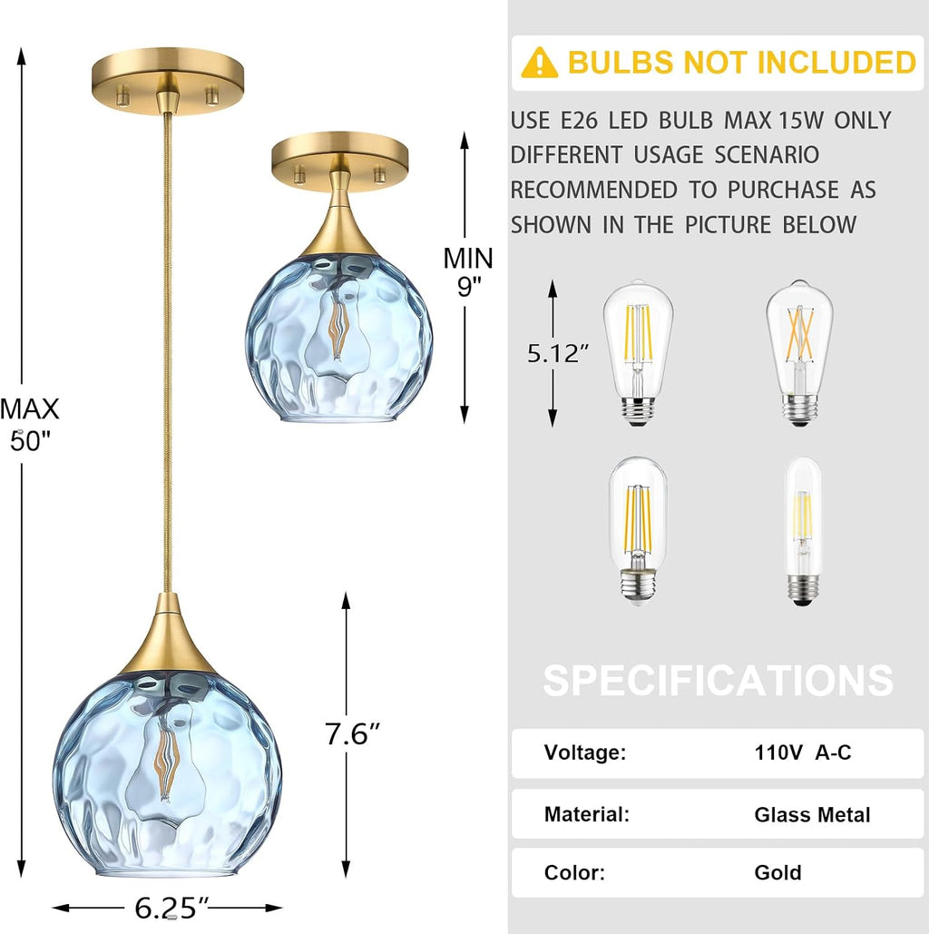 6.3' Texture Blue Glass Pendant Light 3 Pack Pendant Ceiling Light Fixture Gold Finish Modern Farmhouse Dinning Over Sink Adjustable Height Cord