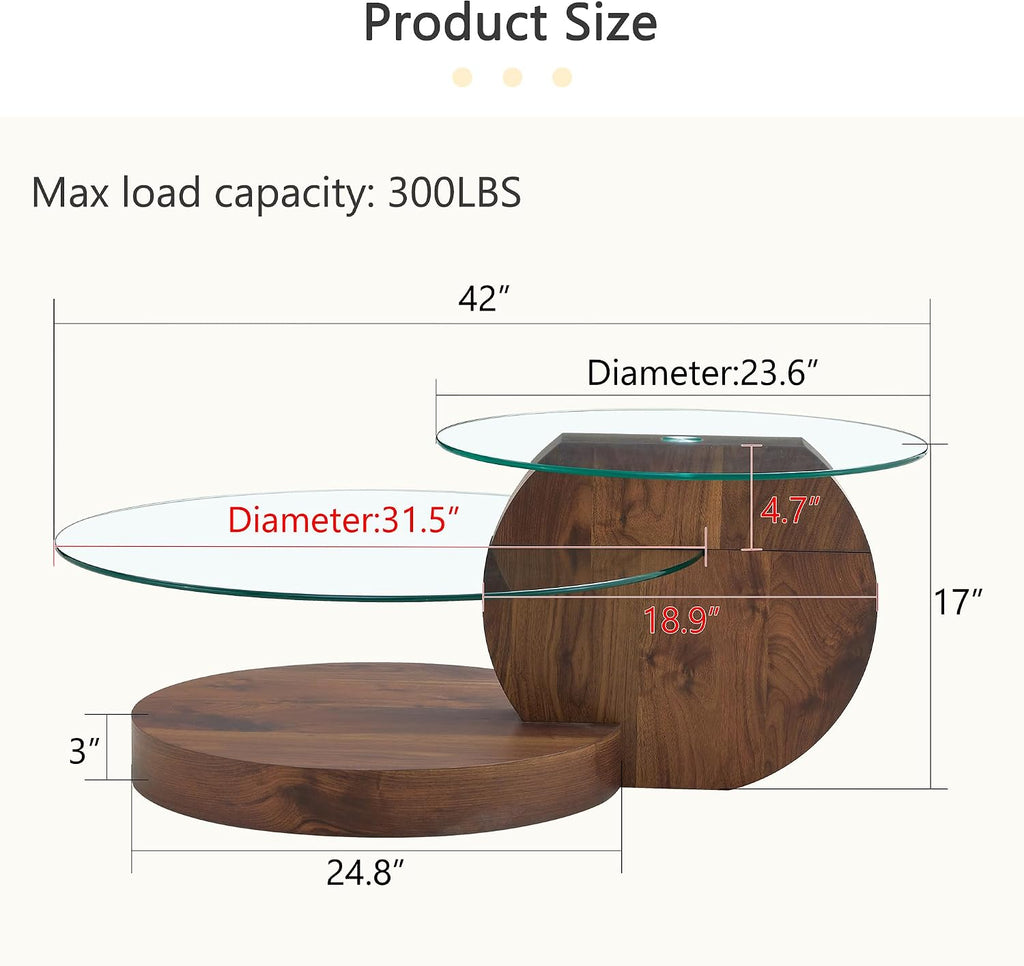 Round Glass Coffee Table, Modern Tempered Glass Coffee Tables for Living Room, 3-Tier Circle Walnut Coffee Table with Storage Clear Cocktail Table for Small Space Home Office