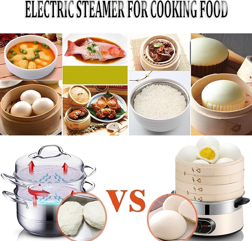 Electric Food Steamer for Cooking Vegetable Steamer with 2-Tier Bamboo Steamer with 60 Min Timer Auto Shut-Off & Boil Dry Protection 1500W