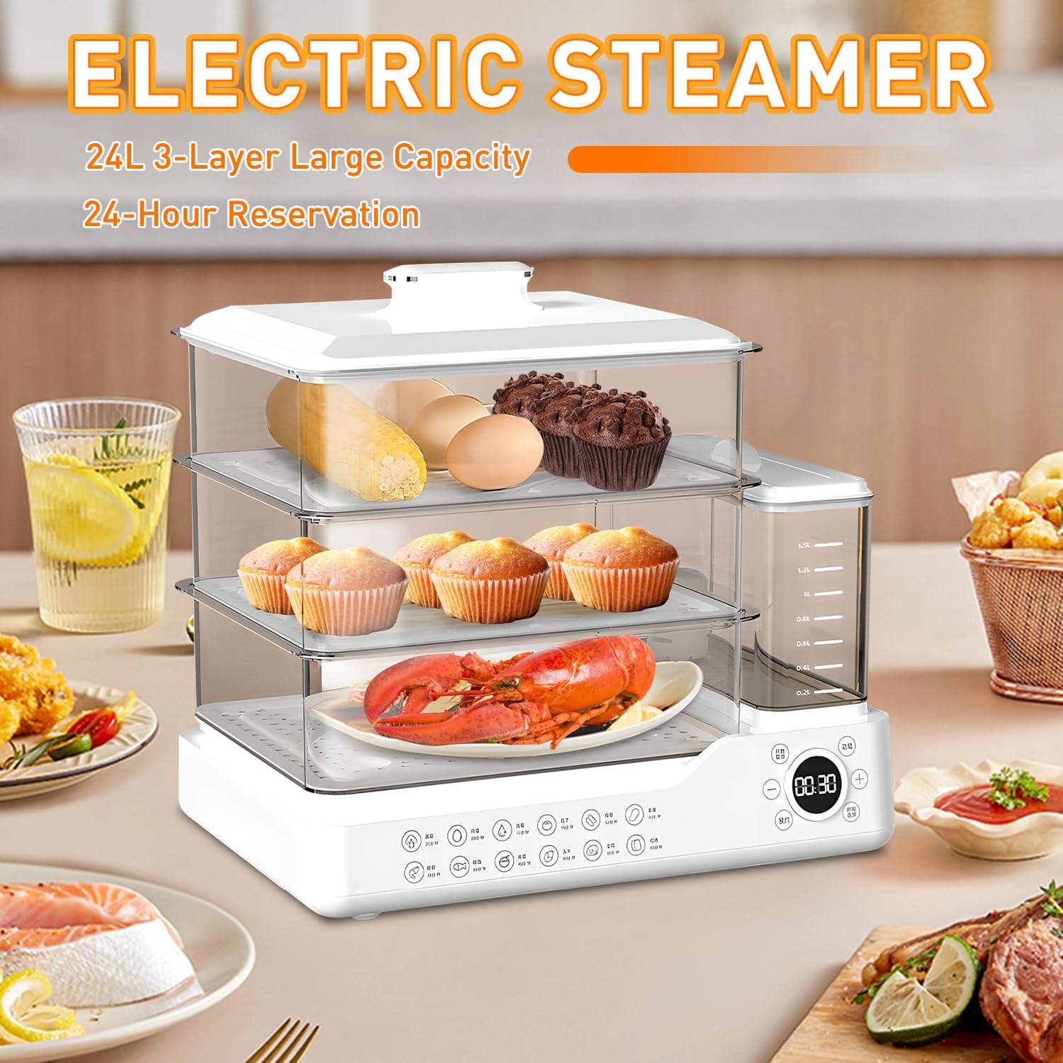 24L/25QT Electric Steamer, 3 Tier Food Steamer, Commercial Stainless Steel Steamer with Detachable Water Tank, Large Capacity Breakfast Machine with Timer, for Home, Restaurant, Party