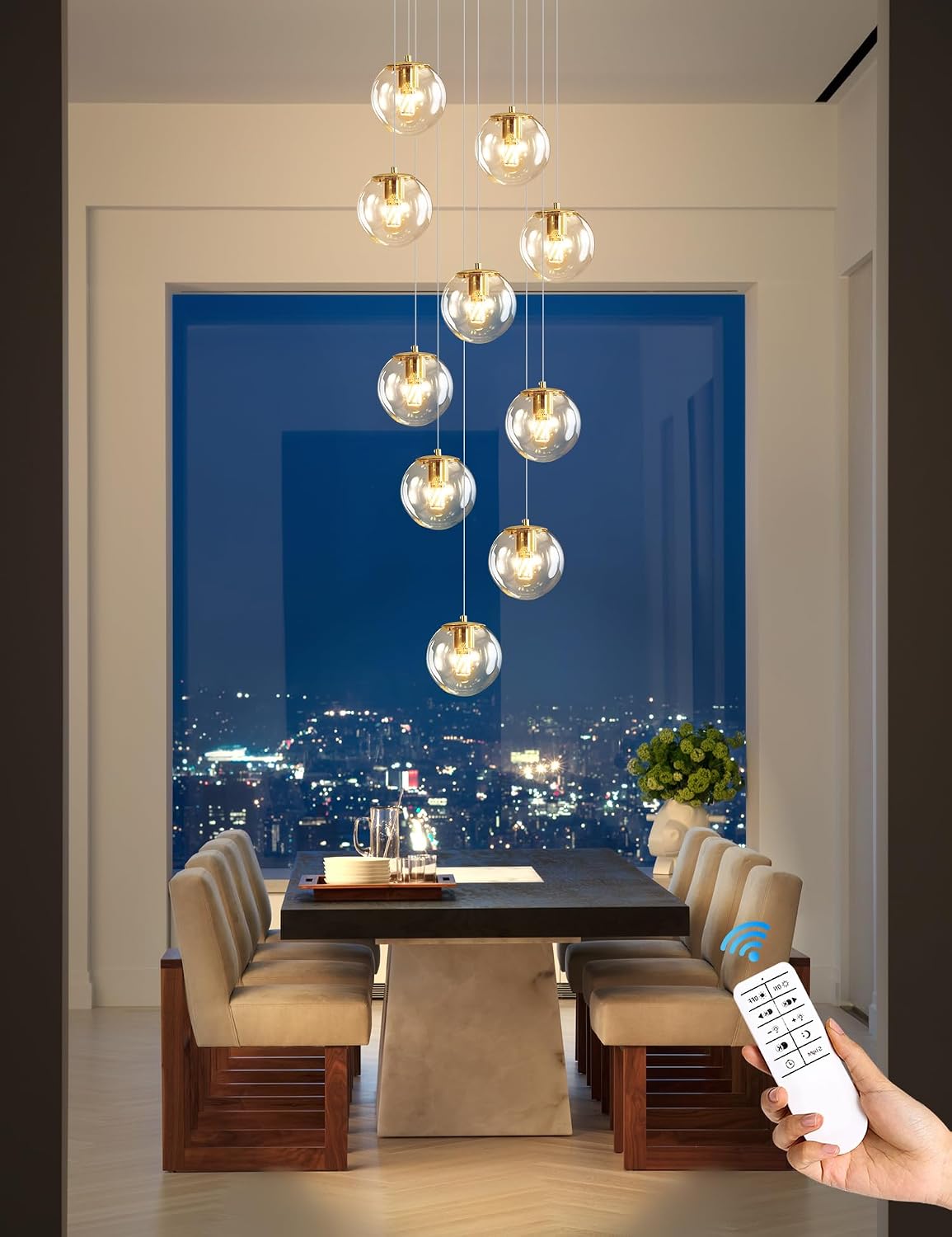 ykolupty 10-Light LED Staircase Modern Glass Globe Pendant Light Gold Chandeliers Large Chandeliers for High Ceilings, Entryway Lighting Fixture Villas and Stairs