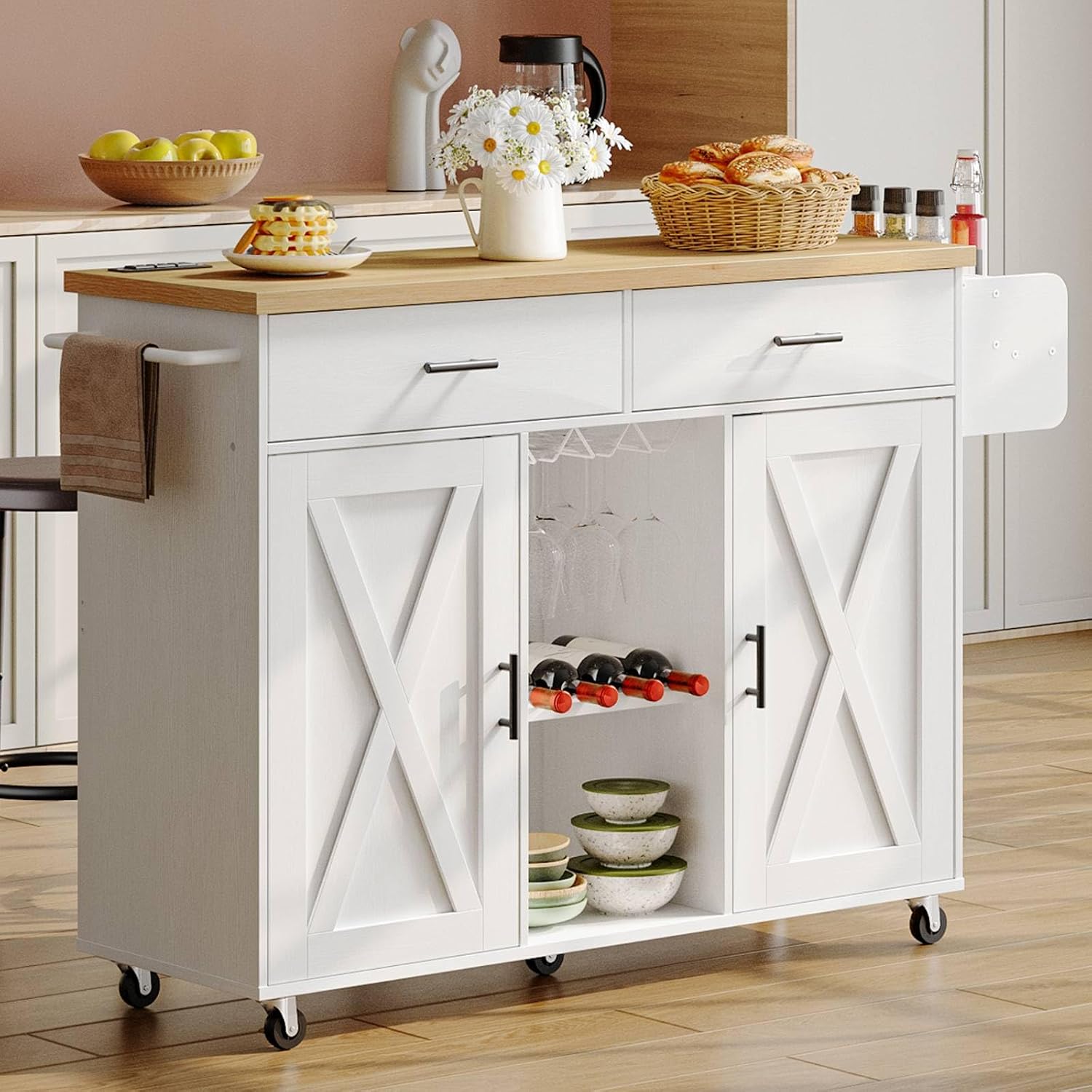 HOOBRO Kitchen Island with Power Outlet, Rolling Kitchen Island on Wheels, Island Table with Storage Cabinet, 2 Drawers, Spice Rack and Towel Rack, White and Natural WN14UZD01
