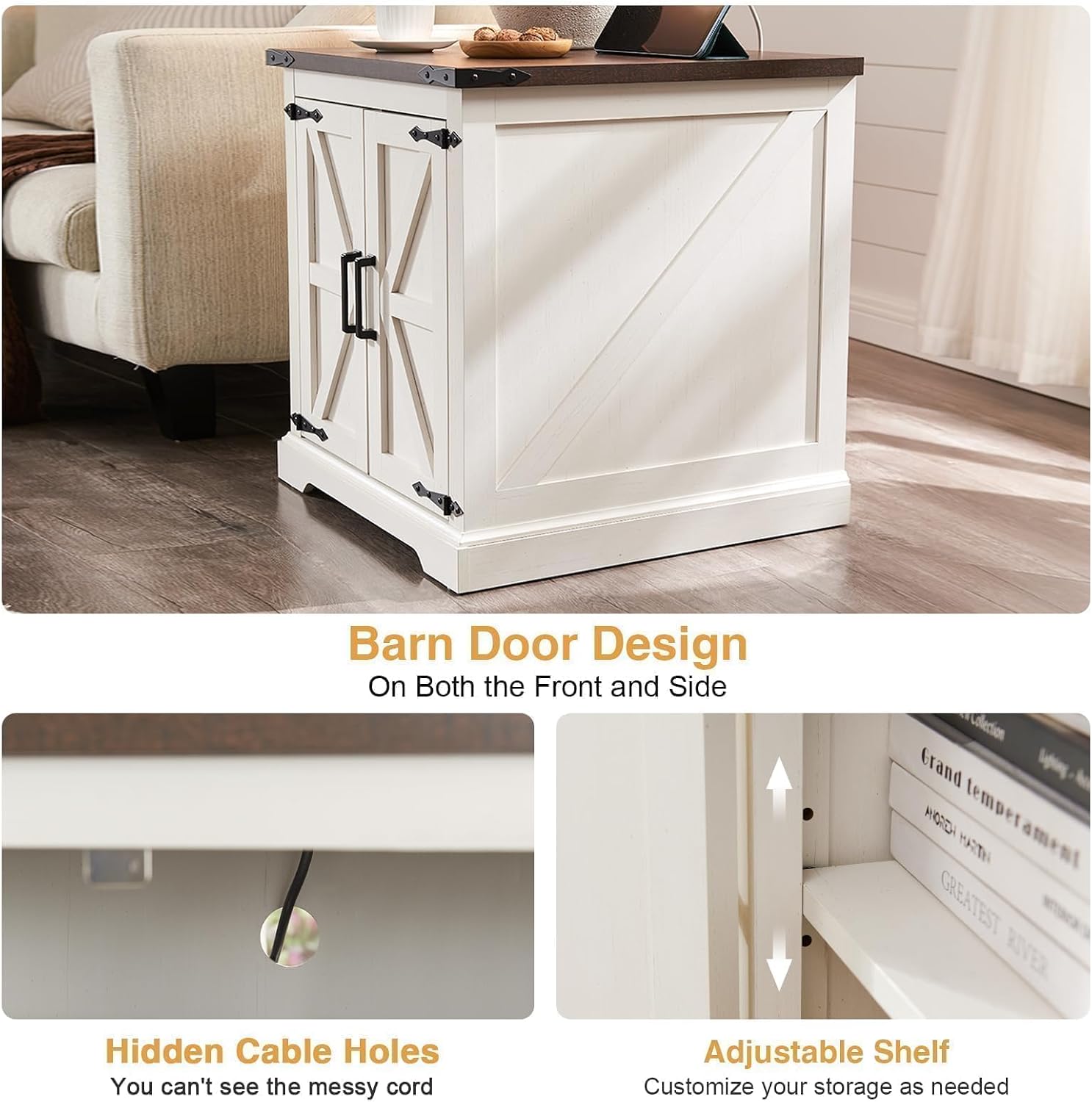 Barnyatoh Farmhouse End Table with Charging Station,24' Large Sofa Side Table with Barn Door, Rustic Wood Square Nightstand Bedside Table with Adjustable Shelf for Living Room, Bedroom,Antique White