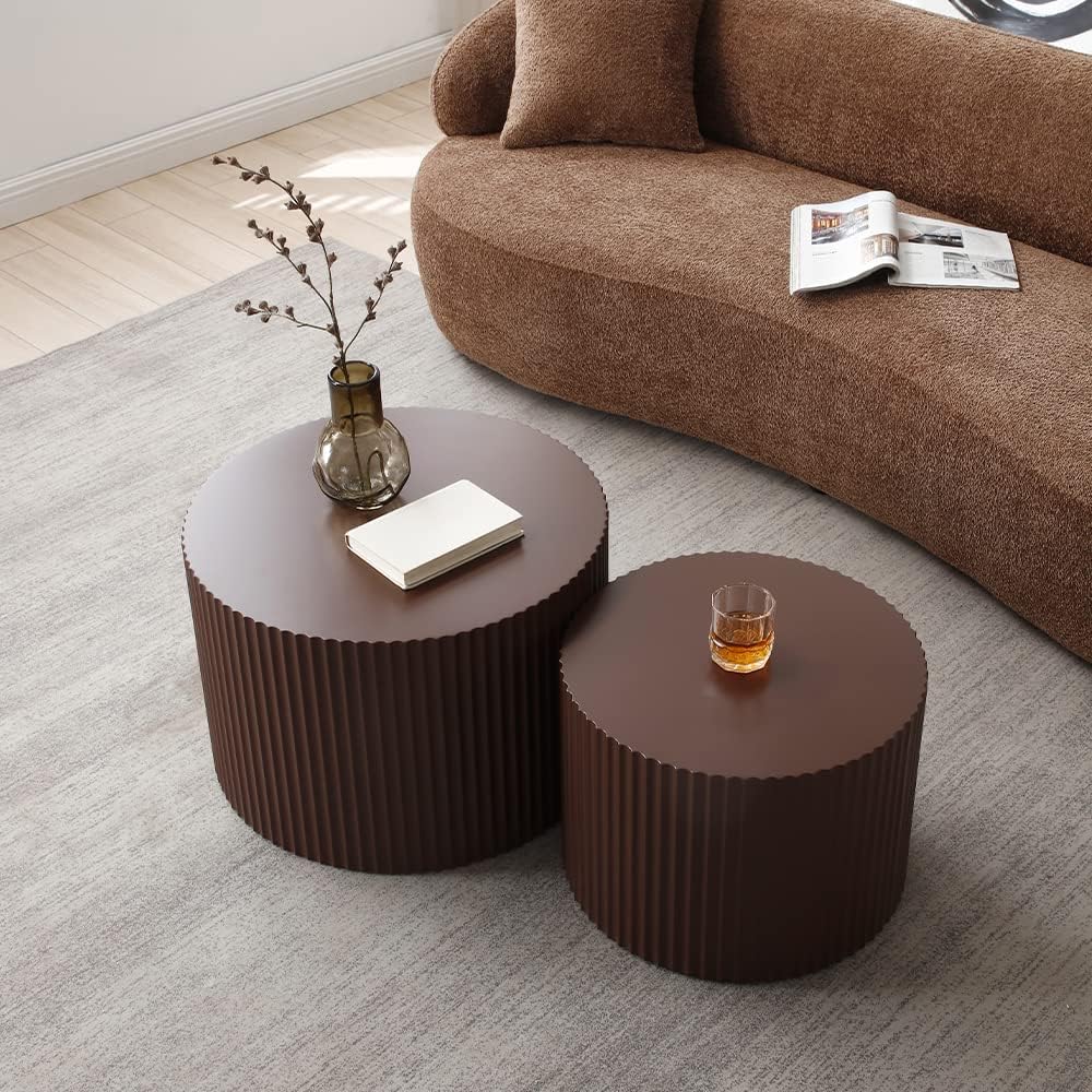 WILLIAMSPACE Nesting Coffee Table Set of 2, Matte Brown Round Wooden Coffee Tables, Modern Luxury Side Tables Accent End Table for Living Room Apartment, 23.62'*23.62'*15.75'H (Brown-Round)