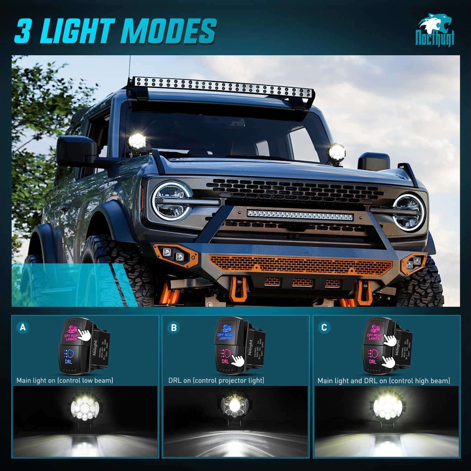 Nilight 7 Inch LED Offroad Driving Lights High Low Beam 2 PCS 80W Round White Light Side Shooter Spot Flood Fog Light Pod w/ 16 AWG DT Connector Wiring Harness Kit for Jeep Truck ATV UTV SUV
