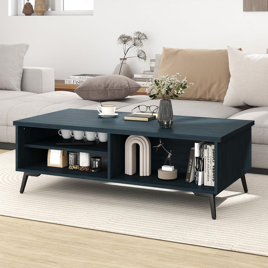 Giantex Mid Century Modern Coffee Table, 2-Tier Wood Rectangular Center Table with Open Storage Shelves, Compartments & Metal Legs, Vintage Living Room Tables for Reception (Charcoal Blue)