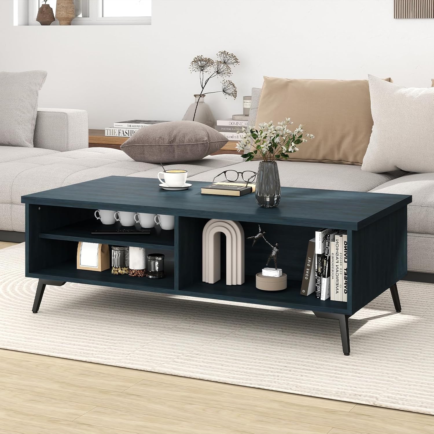 Giantex Mid Century Modern Coffee Table, 2-Tier Wood Rectangular Center Table with Open Storage Shelves, Compartments & Metal Legs, Vintage Living Room Tables for Reception (Charcoal Blue)