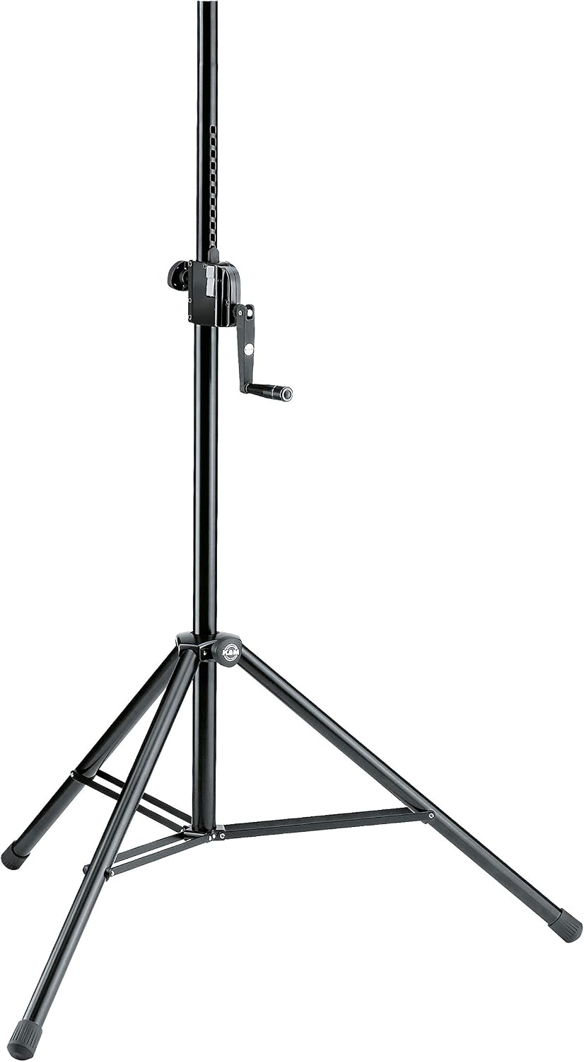 K&M König & Meyer 21300.009.55 Speaker Tripod Stand | Locking Hand Crank Height Adjustment | Double Cross Leg Brace | Folds Compact | Threaded Speaker Connection | Max Load 77 lbs | German Made Black