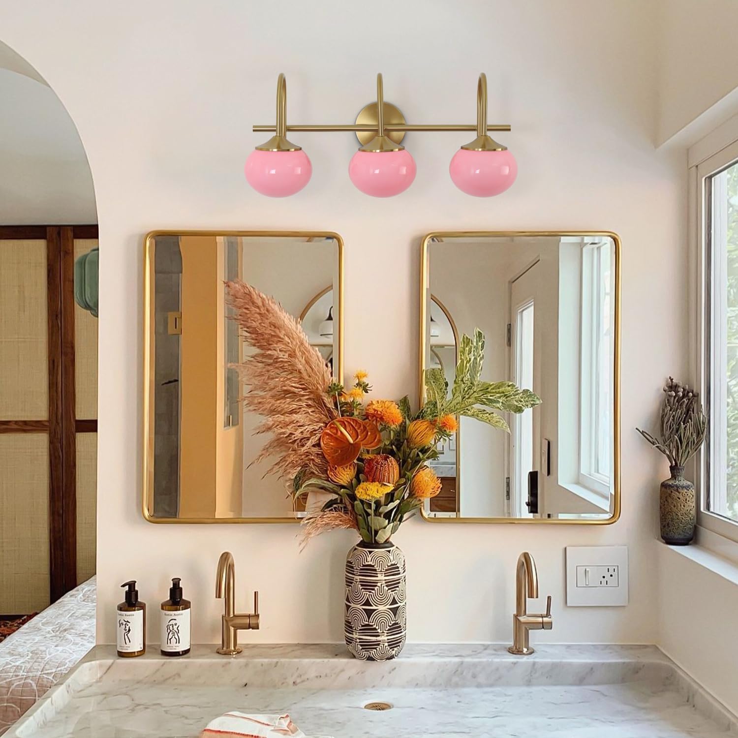 BOKT Gold Bathroom Light Fixture Pink Glass Ball Shades 3-Lights Vintage Vanity Lights Over Mirror E26 Base Modern Wall Sconces Bathroom Wall Lamp for Hallway Bedroom
