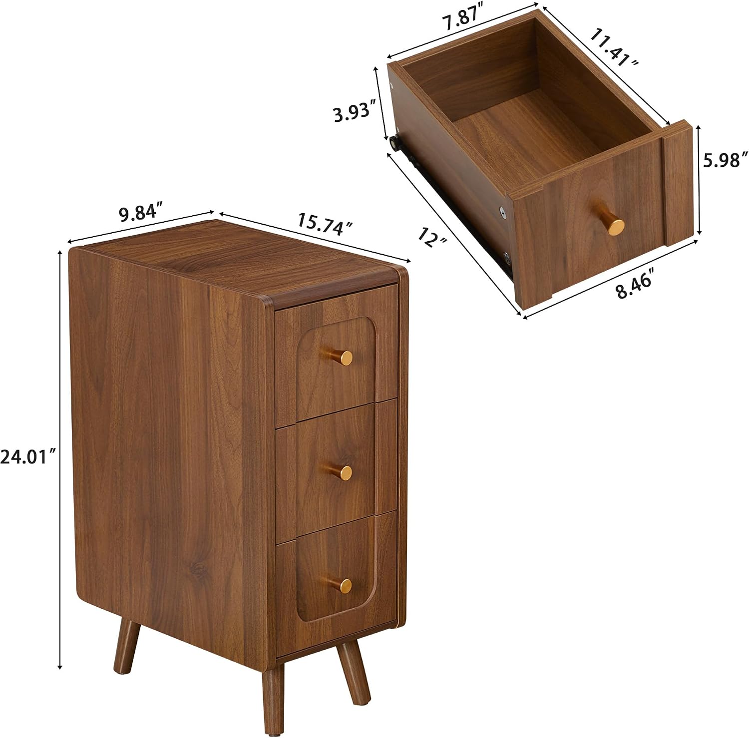 Small Nightstand Set of 2, Narrow Nightstand Slim Couch Side Table with Drawers, Wood End Tables with Storage for Living Room, Bedroom, Small Spaces (Walnut-2pcs)