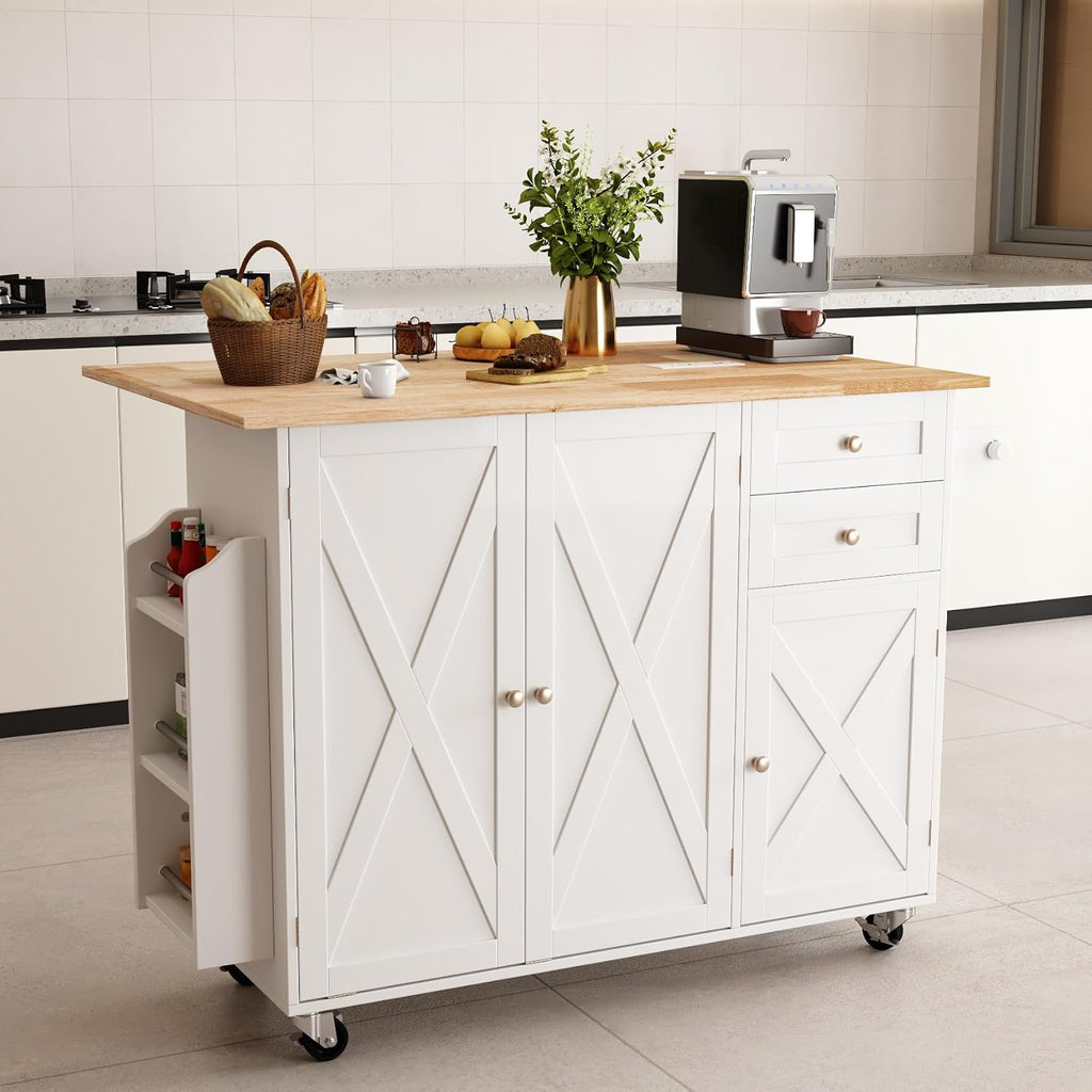 HOMREST 50.4' Kitchen Island with Drop Leaf & Power Outlet, Farmhouse Rolling Island Cart with 3 Spices Shelves on Wheels, Mobil Kitchen Island Table with Rubberwood Countertop Towel Rack, White