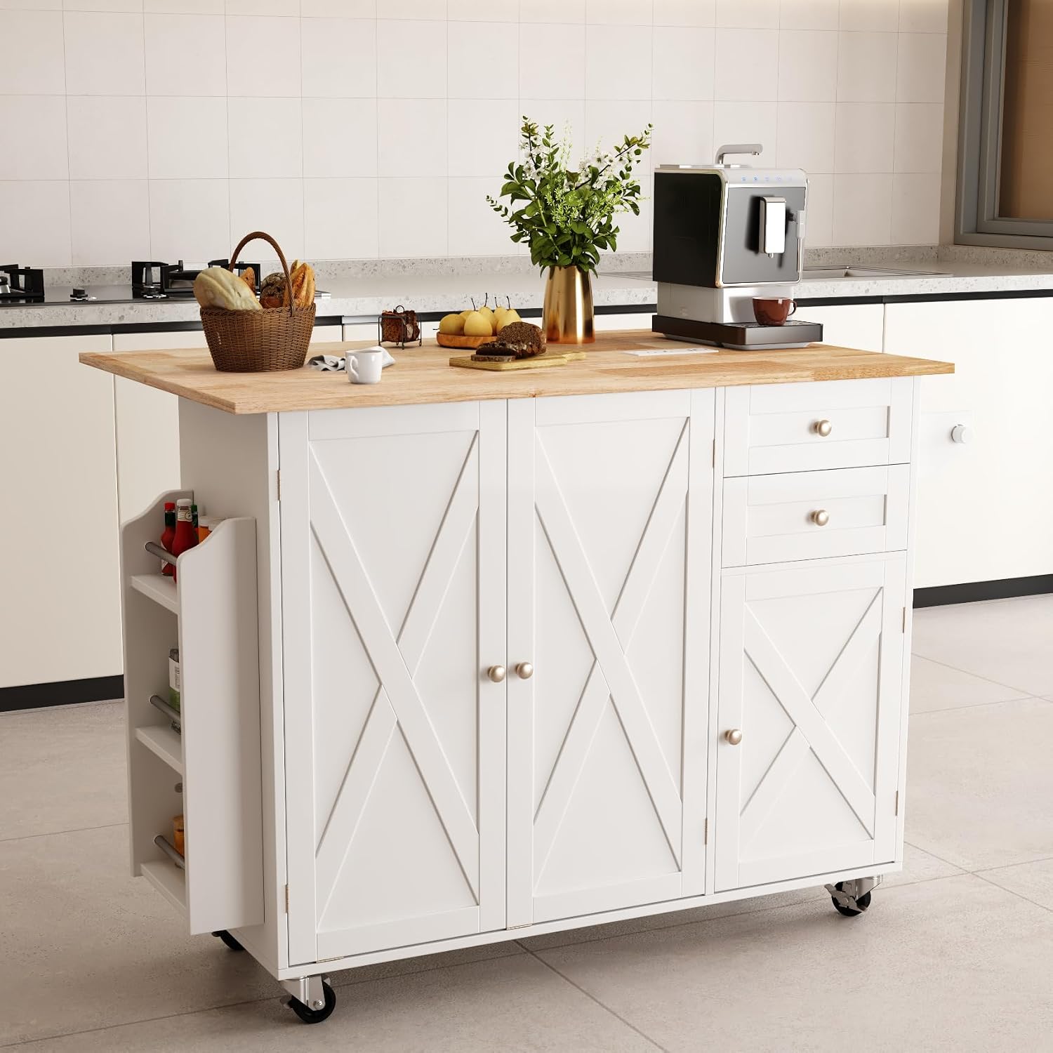 HOMREST 50.4' Kitchen Island with Drop Leaf & Power Outlet, Farmhouse Rolling Island Cart with 3 Spices Shelves on Wheels, Mobil Kitchen Island Table with Rubberwood Countertop Towel Rack, White