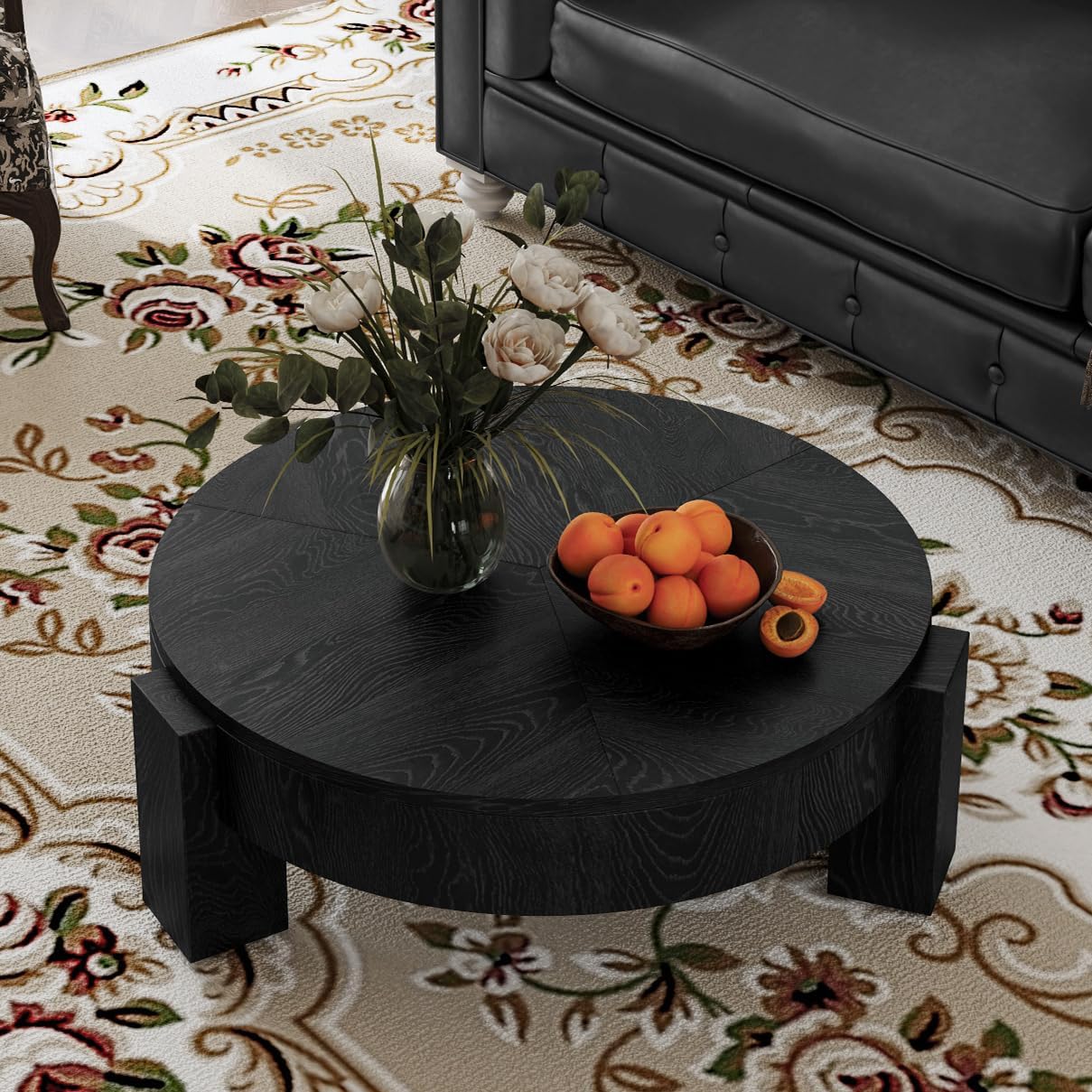 33'' Round Coffee Table with Hidden Storage, Modern Wood Veneer Top, 3 Block Legs Sturdy Center Accent Table for Living Room, Small Space, Black