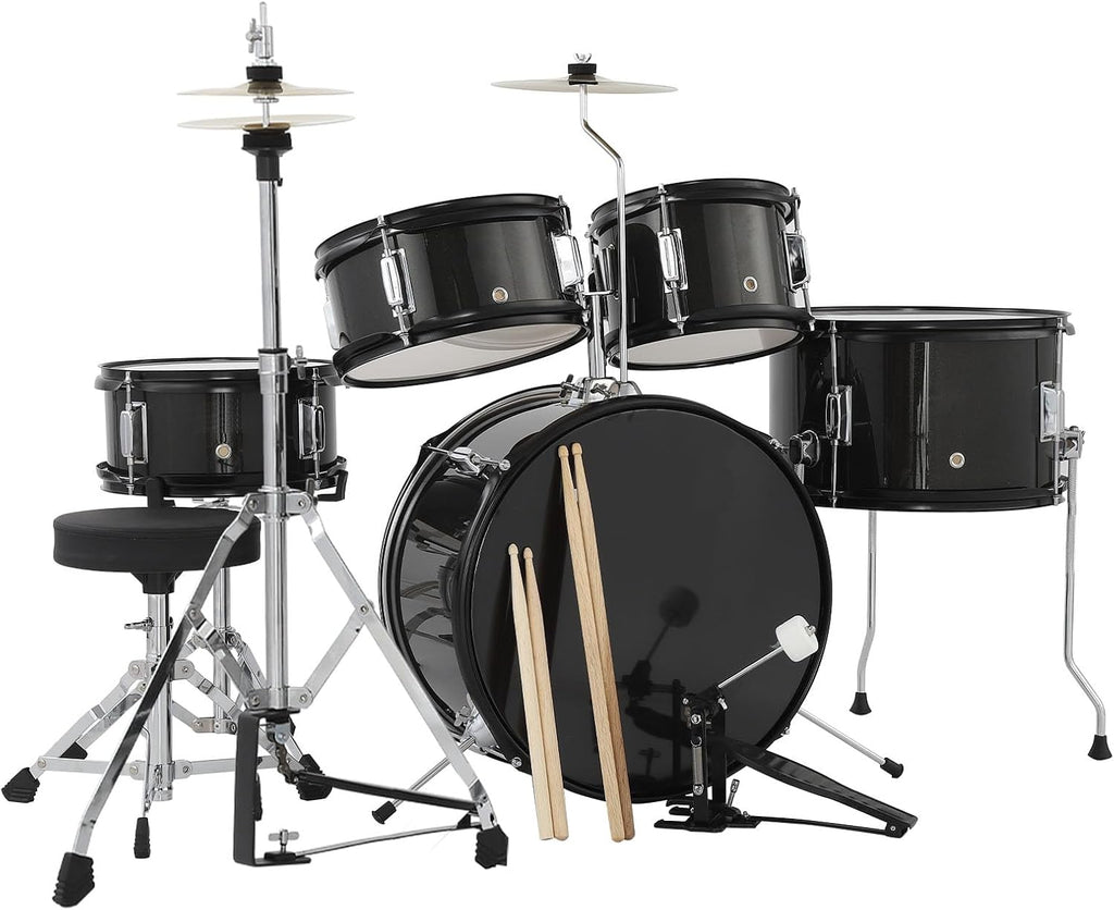 5-Piece 16 Inch Kids Drum Set, Junior Drum Kit with Bass Drum, Snare, 2 Toms, Cymbal, Hi-Hat, Throne Stool, Drumsticks & Pedals, Musical Gift for Beginner Students Ages 4+(Black)