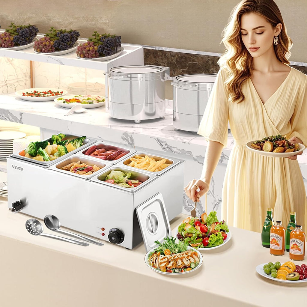 VEVOR 24QT Commercial Food Warmer, 5-Pan Electric Steam Table, 1200W Professional Countertop Stainless Steel Buffet Bain Marie with 86-185°F Temp Control for Catering, Buffet, Parties, Restaurants