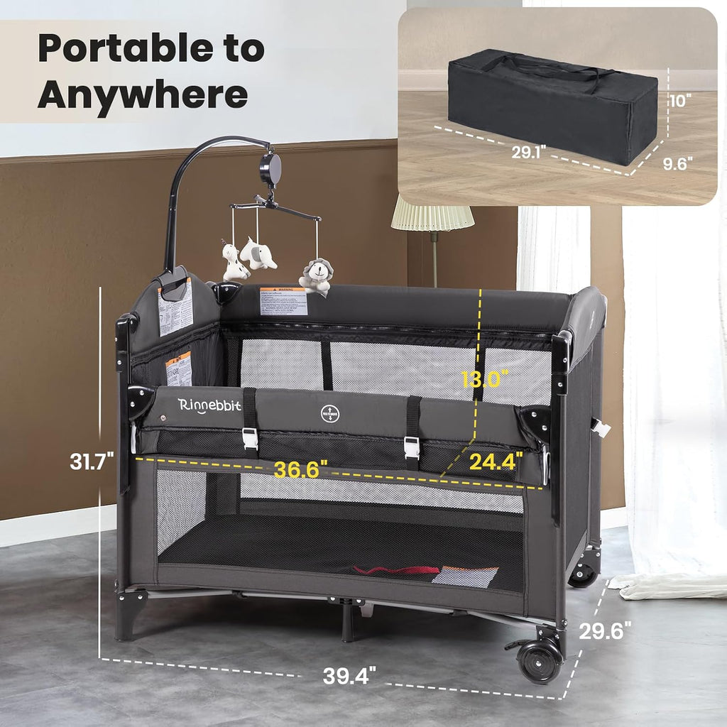 Rinnebbit Baby Bassinets Bedside Sleeper, 4 in 1 Portable Bedside Crib w/Mattress, Diaper Changer, Storage Basket, Music Box, Carry Bag, Foldable Playard Sleeper for Newborn (Black)