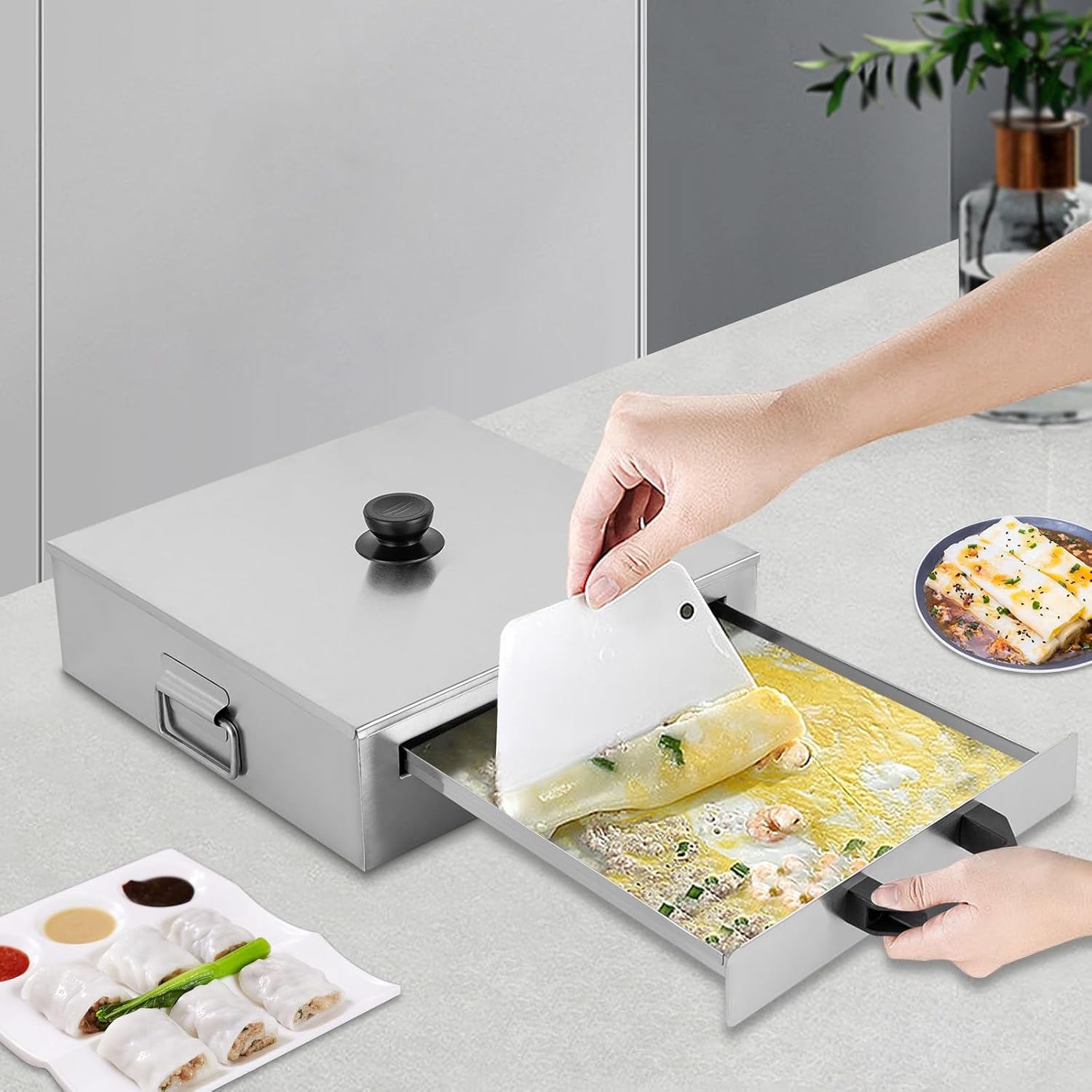 Stainless Steel Rice Noodle Roll Steamer for Hong Kong Cantonese Cuisine, 2 Trays, 12.6'x12.2'x3.74', Perfect for Asian Cooking, Durable and Easy to Clean