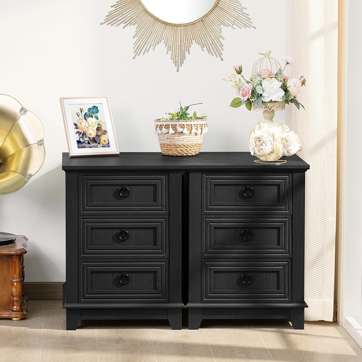 Joaxswe 18' Farmhouse Night Stand with 3 Drawers, Wood End Table Dresser for Bedroom, Black Nightstand, Bed Side Table with Metal Handle, Bedside Cabinet for Bedroom Living Room, Closet