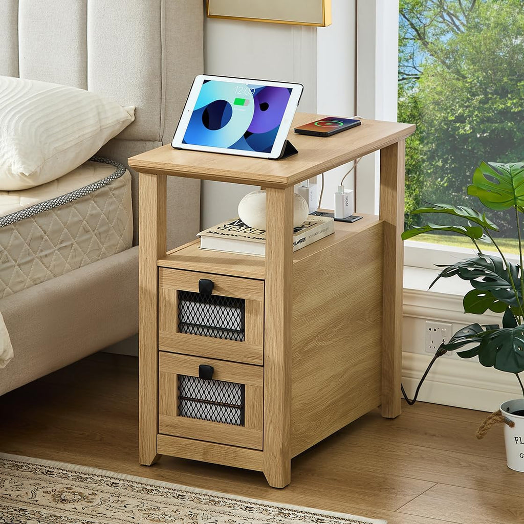 HDDDZSW Farmhouse XXL End Table with Charging Station, Narrow Side Table with USB Ports and Outlets, Nightstand with 2 Drawers Storage, Bedside Tables for Living Room, Bedroom, Wooden Color