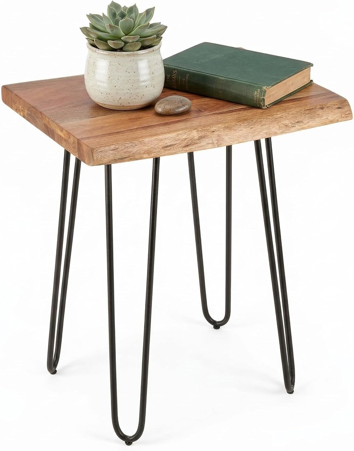 Alaterre Furniture Live Edge Wood End Table with Hairpin Metal Legs – Mid Century Modern Living Room Table with Acacia Wood Top (20 Inch)