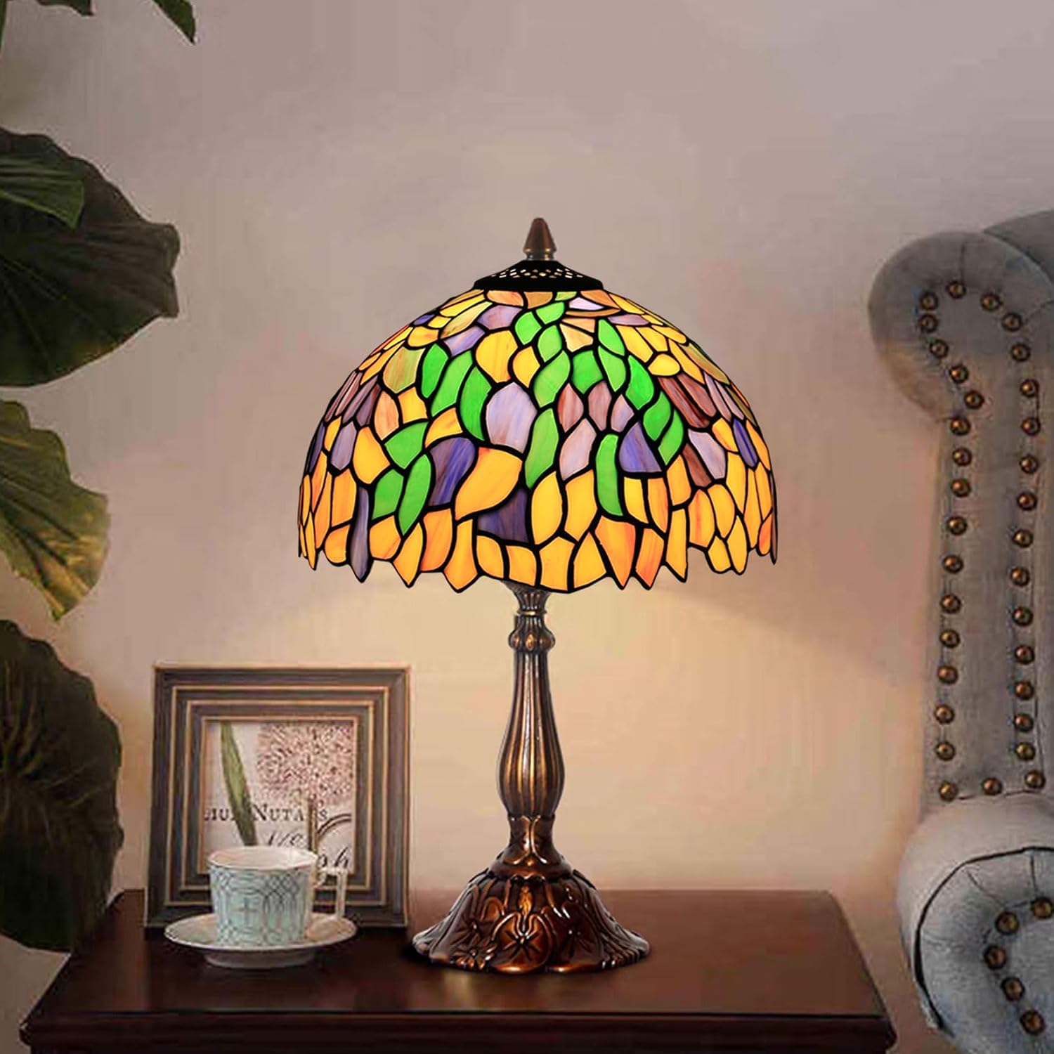 Tiffany Lamp Shade 12 Inch Wide Accessories Replacement Only Wisteria Stained Glass Lampshades Vintage Yellow Green Blue Leaf Light Cover for Table Lamp Pendant Light Ceiling Fixture