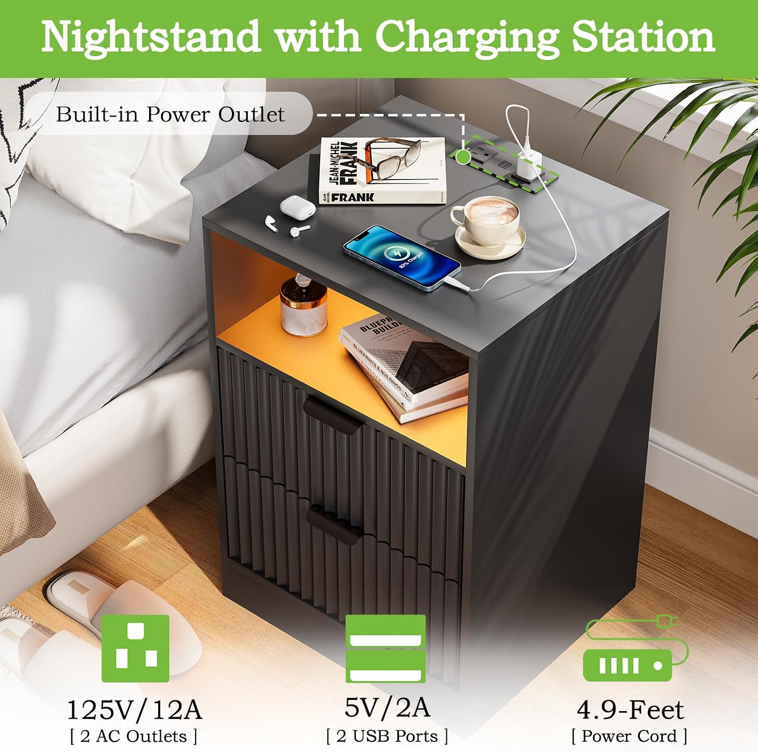 Black Night Stand Set 2, LED Nightstand with Charging Station,Wood Side Table Living Room,Fluted NightStands with 2 Drawers, End & Bedside Tables for Bedroom Sofa Office
