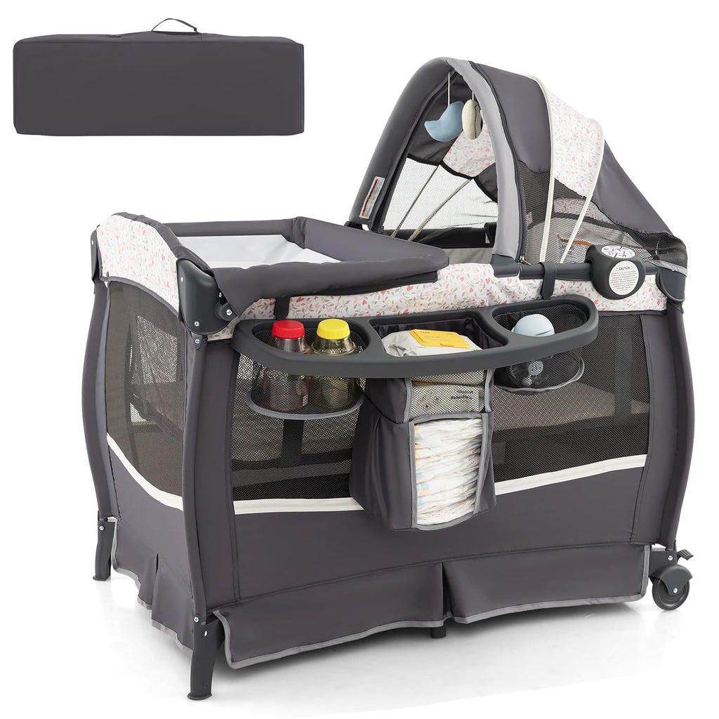 HONEY JOY Pack and Play, 4 in 1 Portable Baby Crib Playpen w/Bassinet, Changing Table, Canopy, Mattress, Music Box, Storage Bag, Foldable Pack and Play for Infant Boys Girls