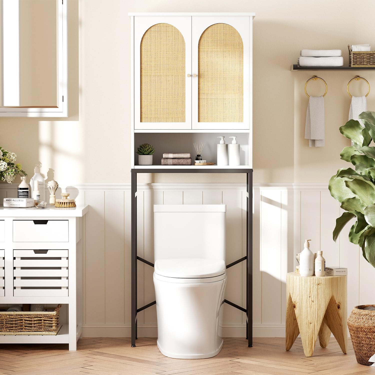 Rattan Over The Toilet Storage Cabinet, Bathroom Organizers and Storage Over Toilet with Rattan Door and Metal Stand, Tall Storage Shelves Above Toilet, Wood Rack for Restroom, Laundry, White