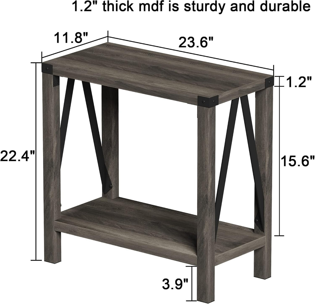 ChooChoo Farmhouse End Table for Small Spaces, Narrow Side End Table with Storage Shelf, Rustic A-Design Nightstand Sofa Table for Living Room, Bedroom (Grey) 2 Pack