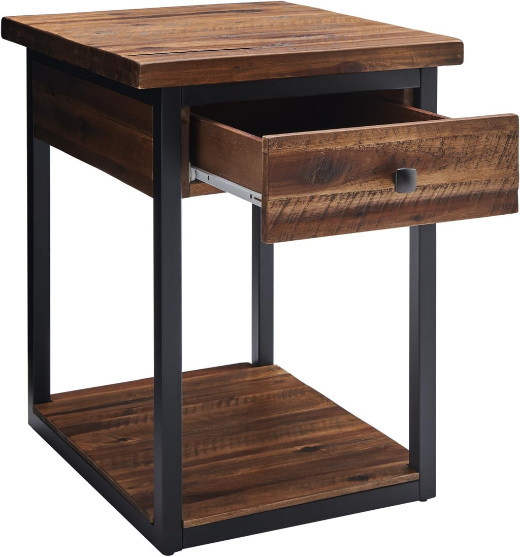 Claremont Rustic Solid Wood End Table with Drawer and Shelf – Farmhouse Accent or Nightstand with Natural Knots, Rough-Hewn Edges for Living Room or Bedroom by Alaterre Furniture (Dark Brown)